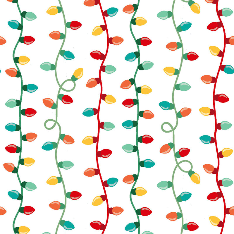 White fabric with stripes of colorful Christmas lights.