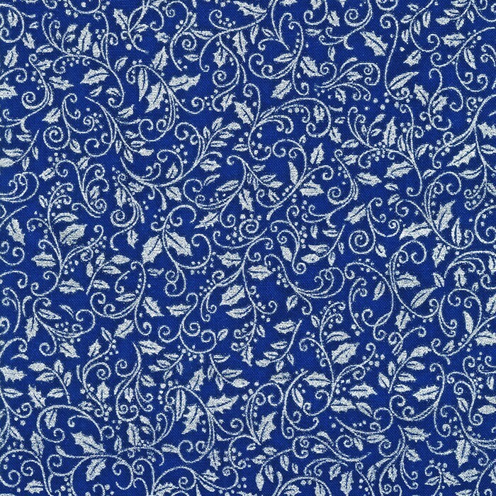 Blue fabric featuring metallic silver leaves and vines