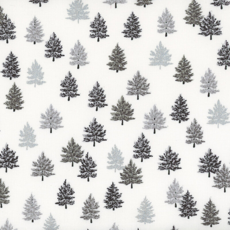 white fabric featuring gray trees with silver metallic accents