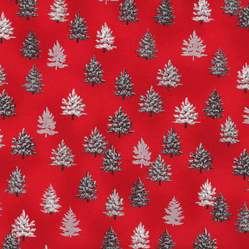 red fabric featuring gray trees with silver metallic accents