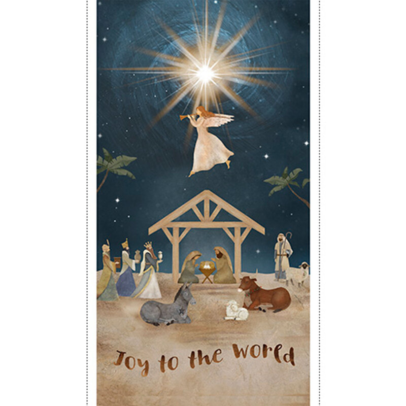 digital image of navy blue fabric panel with the northern star above the nativity scene, including an angel flying over the manger and 