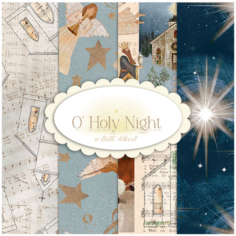 Collage of O' Holy Night Fabrics, in shades of blue and cream