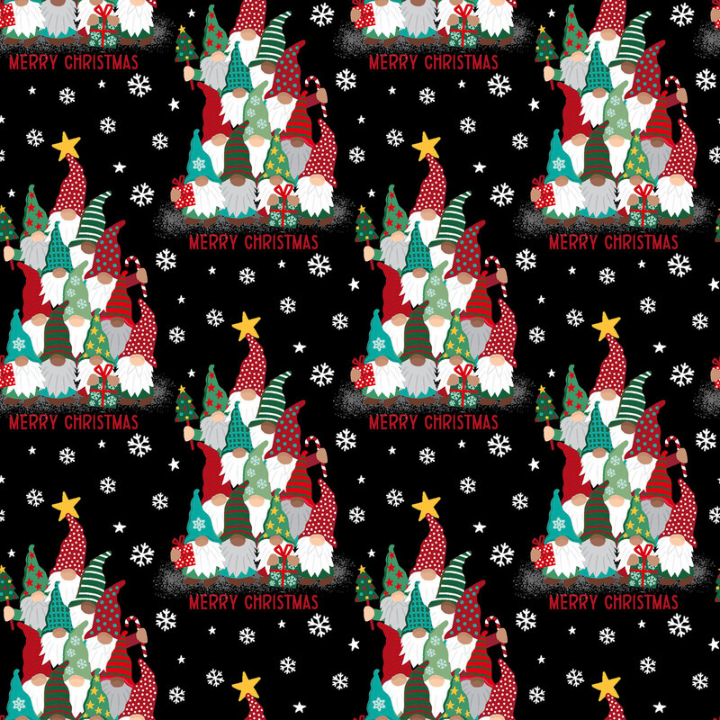 Black fabric with small white snowflakes and gnomes in Christmas tree formation.