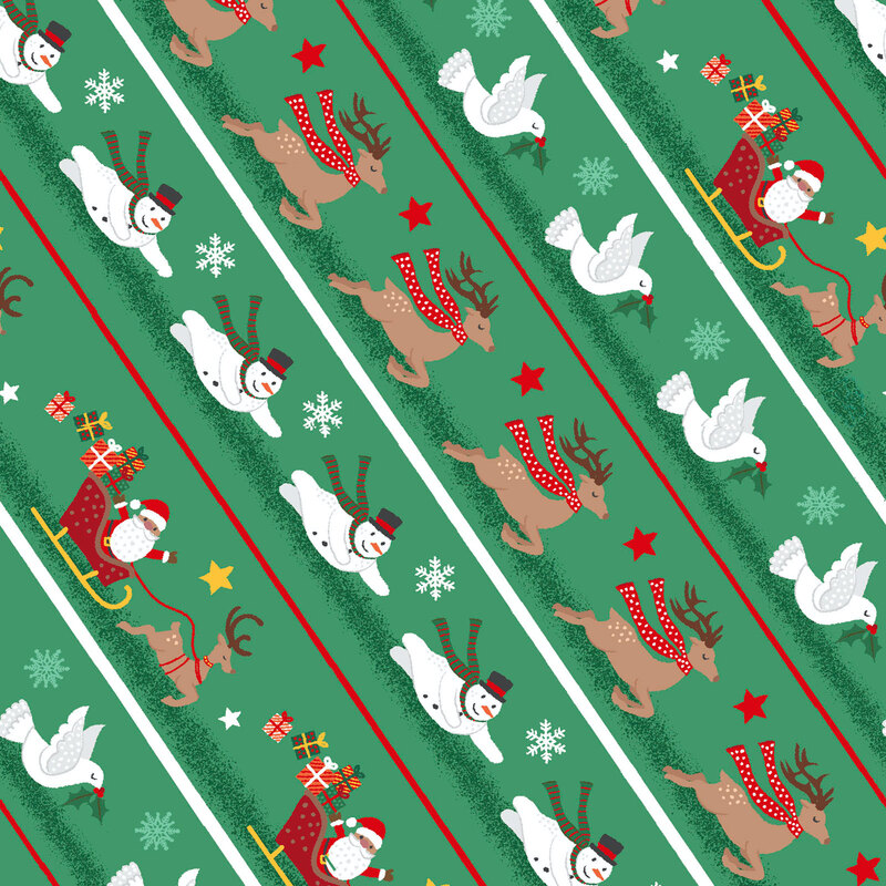 Green fabric with stripes of snowmen, doves, and Santa with his reindeer.