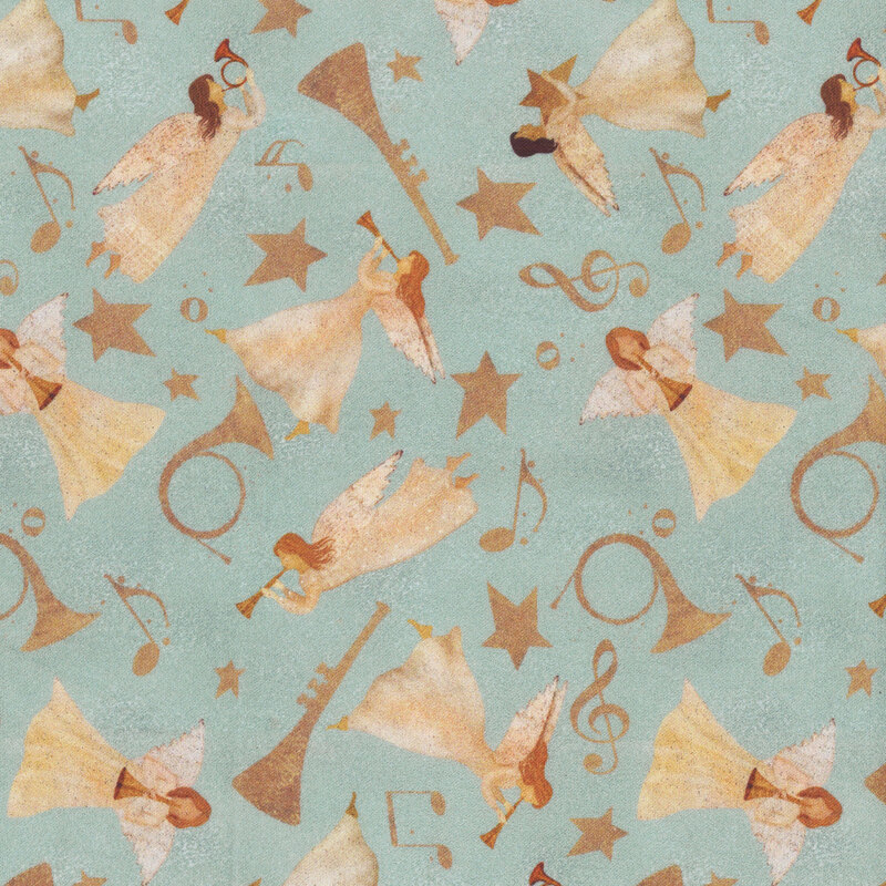 dusty blue fabric with scattered angels, stars, horns, and music notes