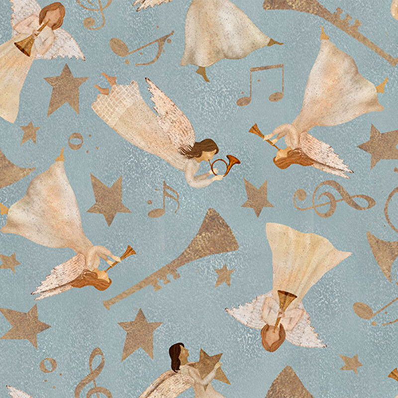 dusty blue fabric with scattered angels, stars, horns, and music notes