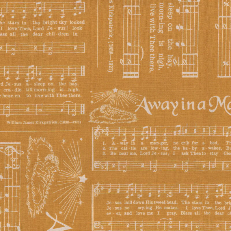 Cider orange fabric with a away in a manger song pattern