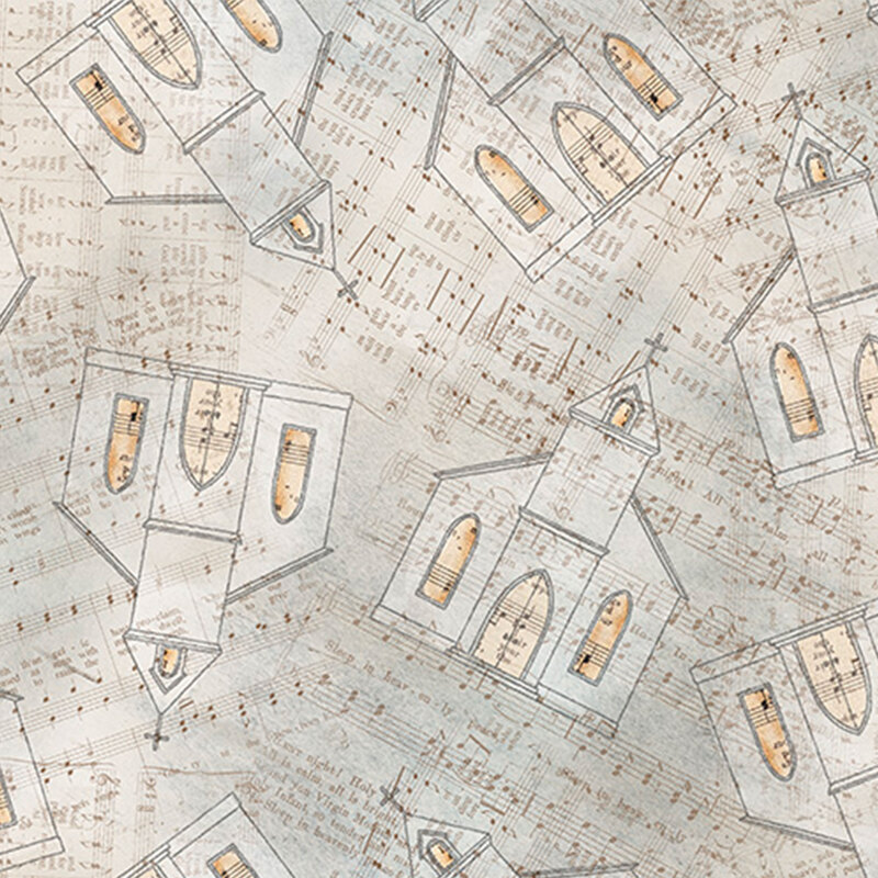 off white fabric featuring layered pages of Christmas sheet music and outlines of little churches