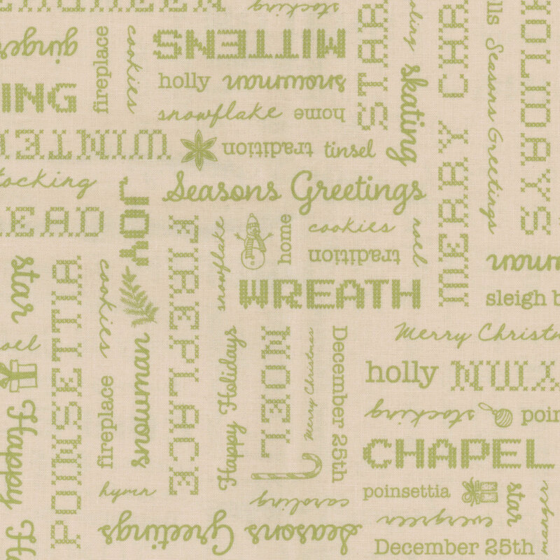 Latte fabric with a light green holiday text pattern