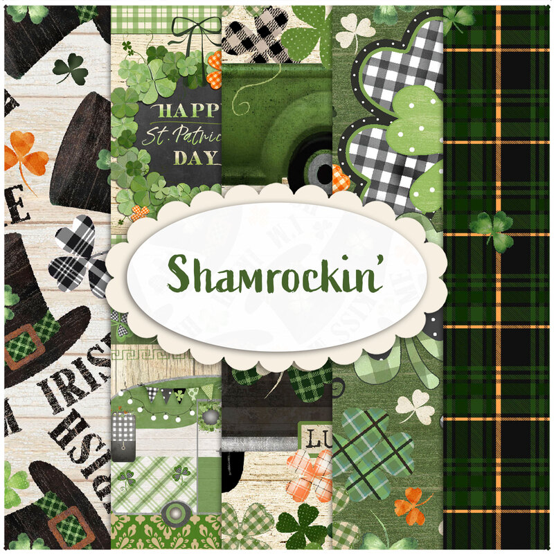collage of fabrics in shamrockin' featuring St.Patricks Day motifs in green, orange, cream and black 