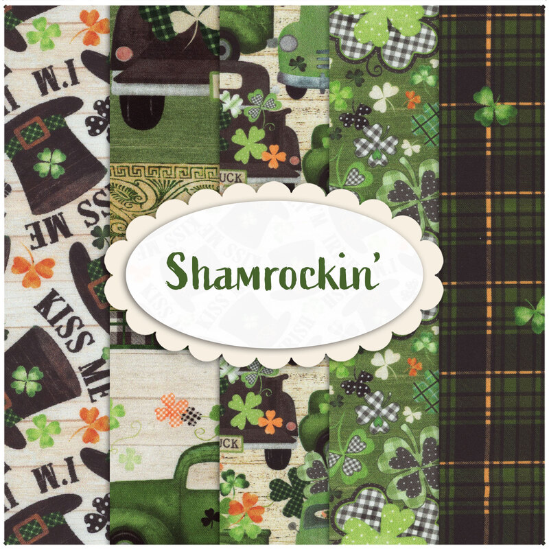 collage of fabrics in shamrockin' featuring St.Patricks Day motifs in green, orange, cream and black 