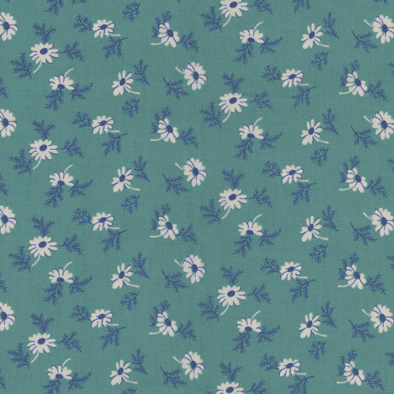 Rain blue fabric with a ditsy daisy pattern 