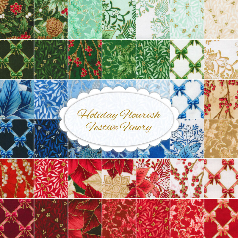 Collage of green, blue, and red fabrics featuring Christmas greenery, baubles, and bows included in the Holiday Flourish - Festive Finery collection.