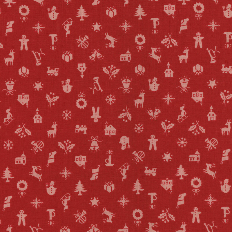 Red fabric with a tossed Christmas pattern