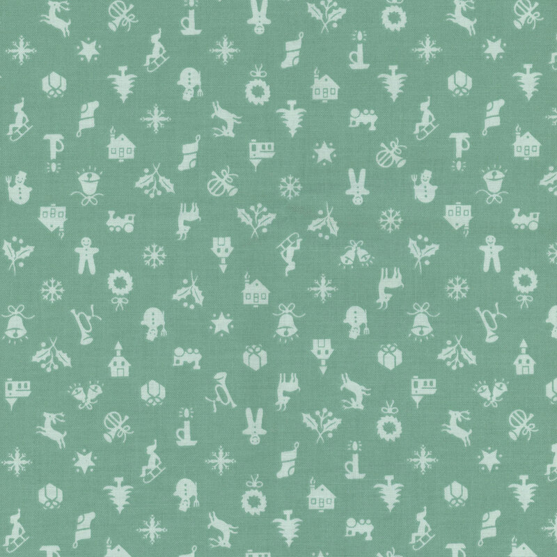 Tonal teal fabric with a tossed Christmas pattern