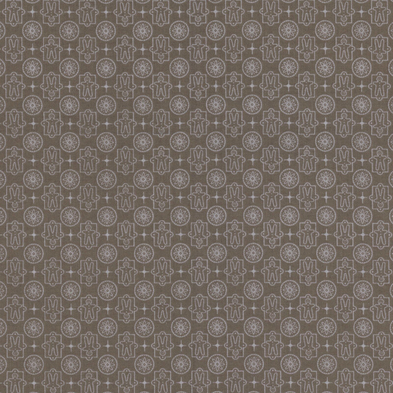 Steel grey tonal fabric with a gingerbread man pattern