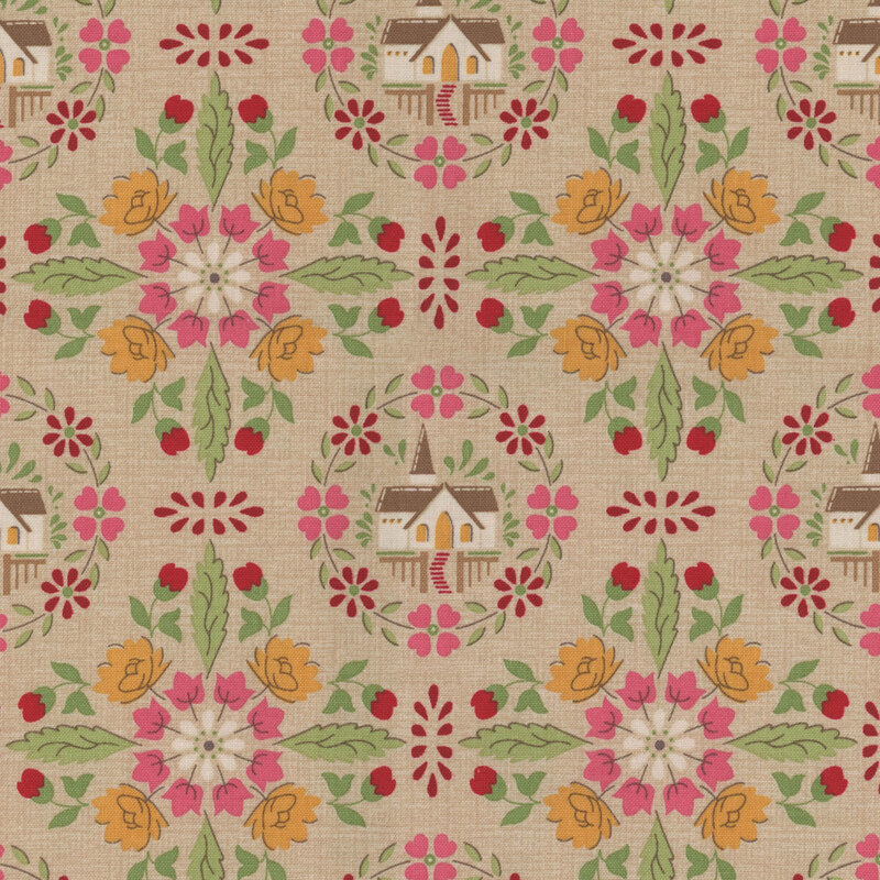 Tan fabric with a geometric floral pattern focused on churches.