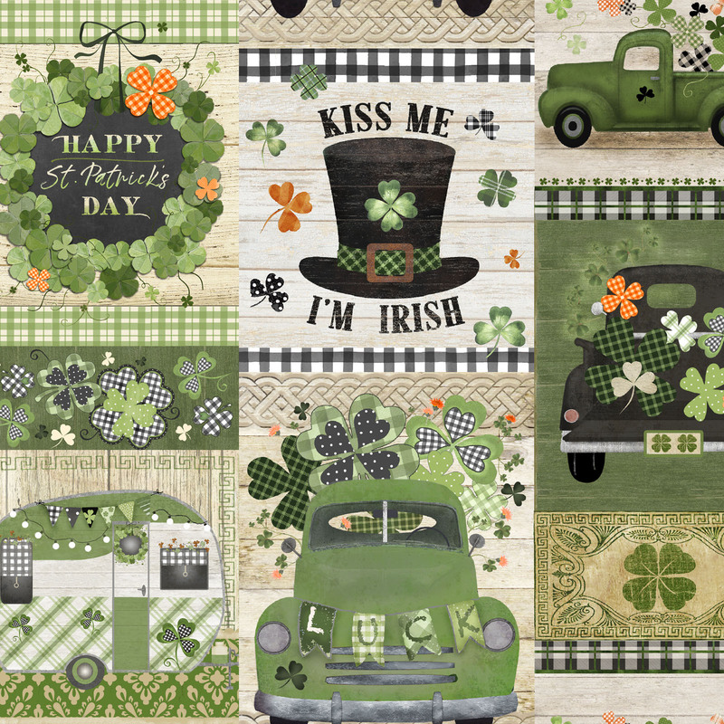 fabric evoking St. Patrick's Day featuring shamrocks, words, and trucks in colors of green orange and cream