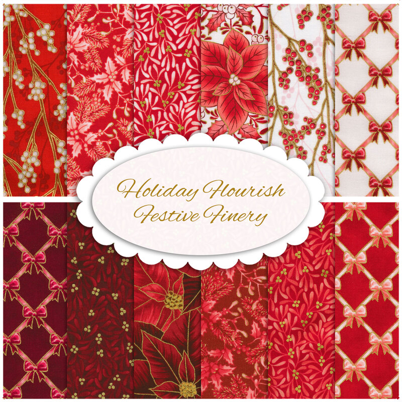 Collage of red fabrics featuring holiday flora and bows included in the Holiday Flourish - Festive Finery FQ set in red.