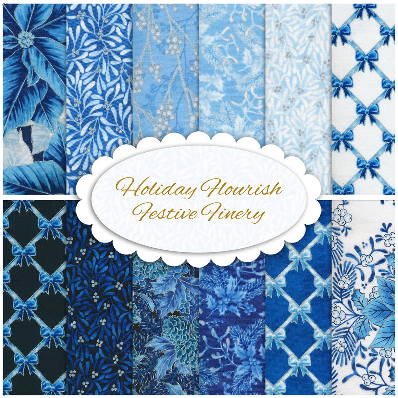 Collage of blue fabrics featuring holiday flora and bows included in the Holiday Flourish - Festive Finery FQ set in blue.