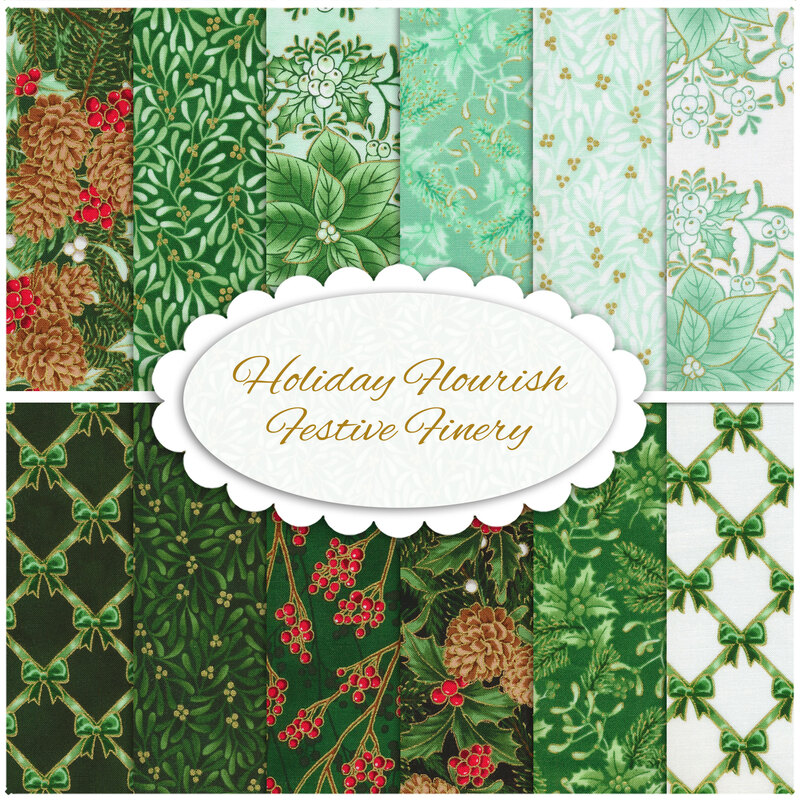 Collage of green fabrics featuring holiday flora and bows included in the Holiday Flourish - Festive Finery FQ set in green.