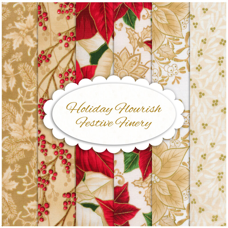 Collage of cream fabrics featuring holiday flora and bows included in the Holiday Flourish - Festive Finery FQ set in cream.