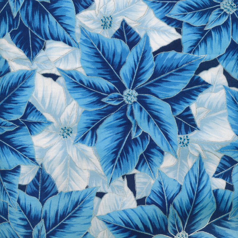 Large blue poinsettia patterned fabric with delicate metallic silver accents.