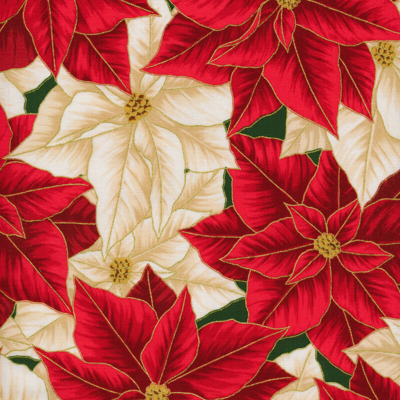 Large red and white poinsettia patterned fabric with delicate metallic gold accents.
