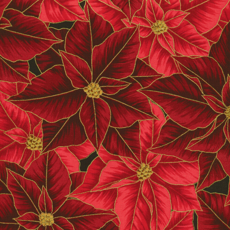 Large red poinsettia patterned fabric with delicate metallic gold accents.