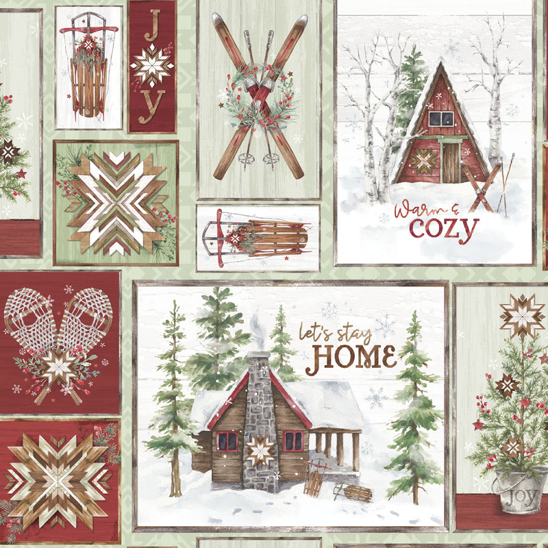 Fabric evoking a cozy winter lodge featuring snow, trees, and snowflake in green and red