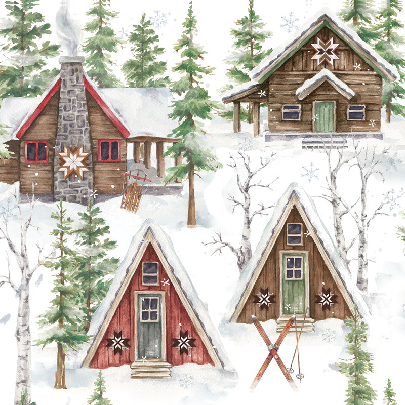 Fabric featuring winter lodges with snow, and trees