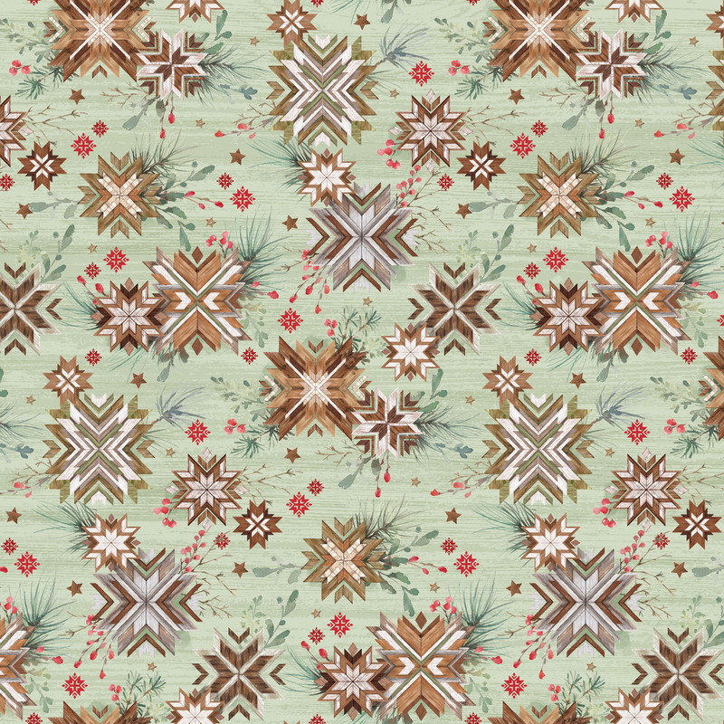 Fabric featuring wooden snowflakes on a minty green background