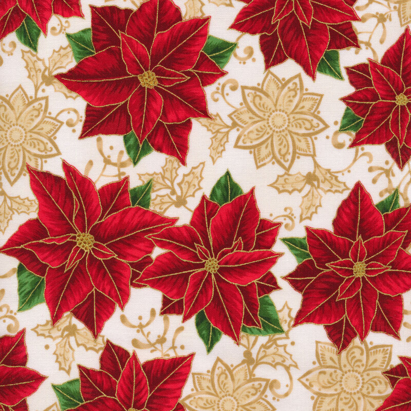 Red poinsettias on a white background with beige poinsettias and mistletoe.
