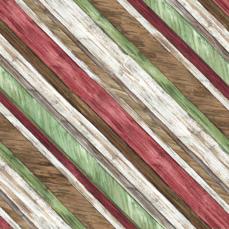 Striped wood textured fabric in red green brown and cream