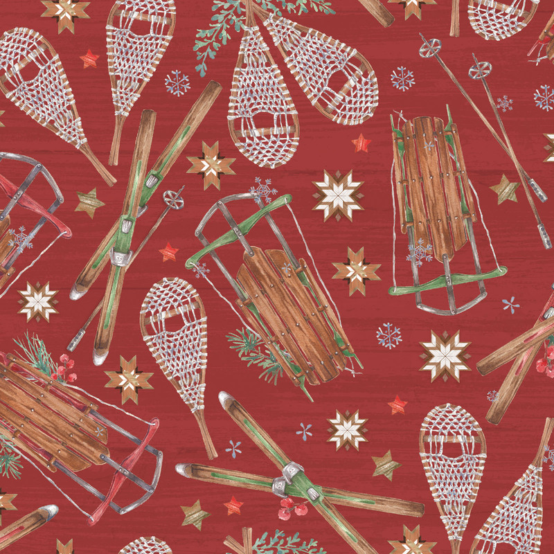 red fabric featuring outdoor activities and snowflakes