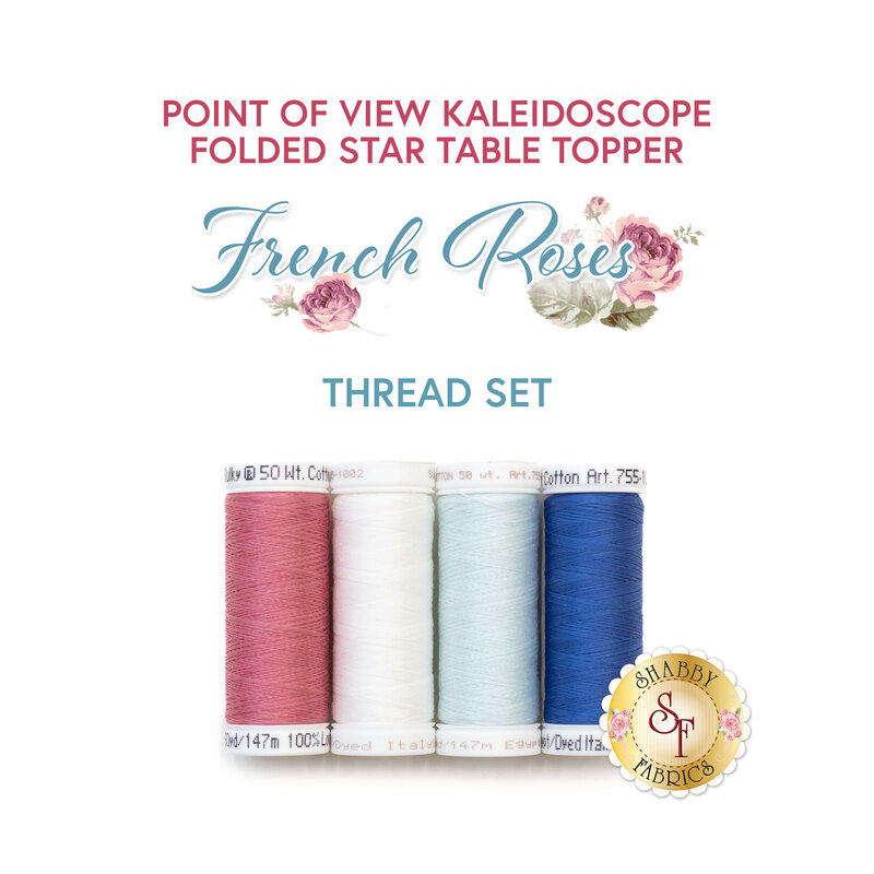 Four spools of thread in rose pink, white, ice blue, and medium blue isolated on a white background below the text 