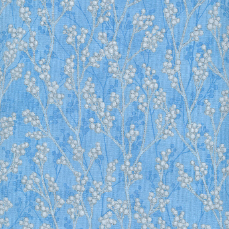 Gray berry branches with silver metallic accents on a light blue background.