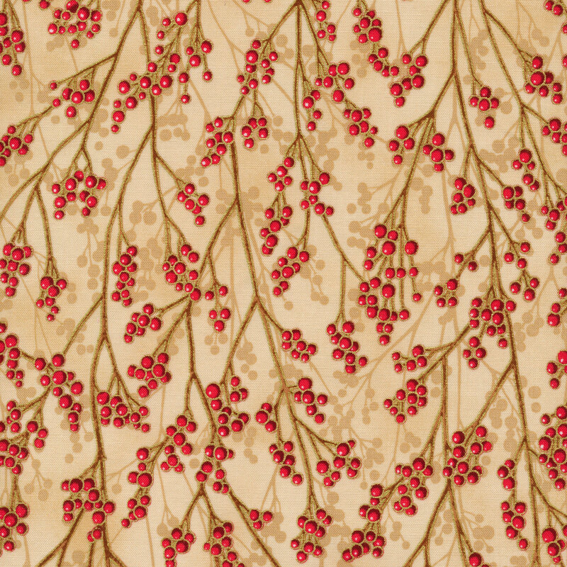 Red berries on golden branches with gold metallic accents on a dark cream colored background.