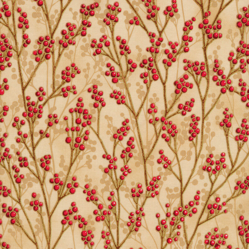 Red berries on golden branches with gold metallic accents on a cream colored background.