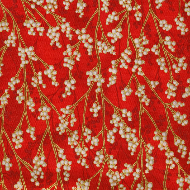White berries on golden branches with gold metallic accents on a bright red background.