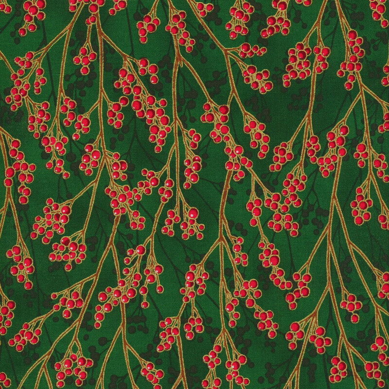 Red berries on golden branches with gold metallic accents on a green background.