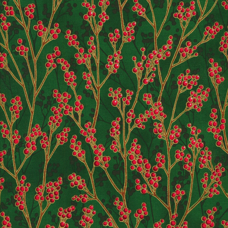 Red berries on golden branches with gold metallic accents on a green background.