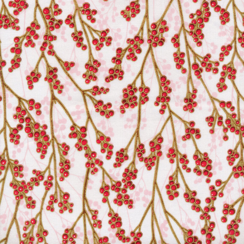 Red berries on golden branches with gold metallic accents on a white background.