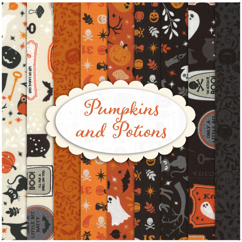 collage of fabrics in pumpkins and potions featuring halloween elements in orange black and cream 