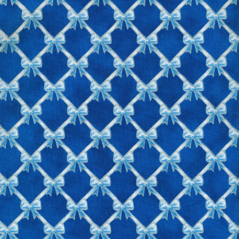 Light blue bows in a geometric pattern on a deep blue background.