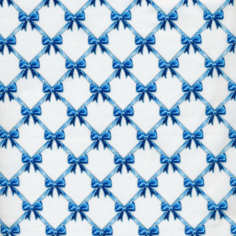 Blue bows in a geometric pattern on a white background.