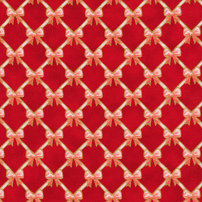 Pink bows in a geometric pattern on a red background.