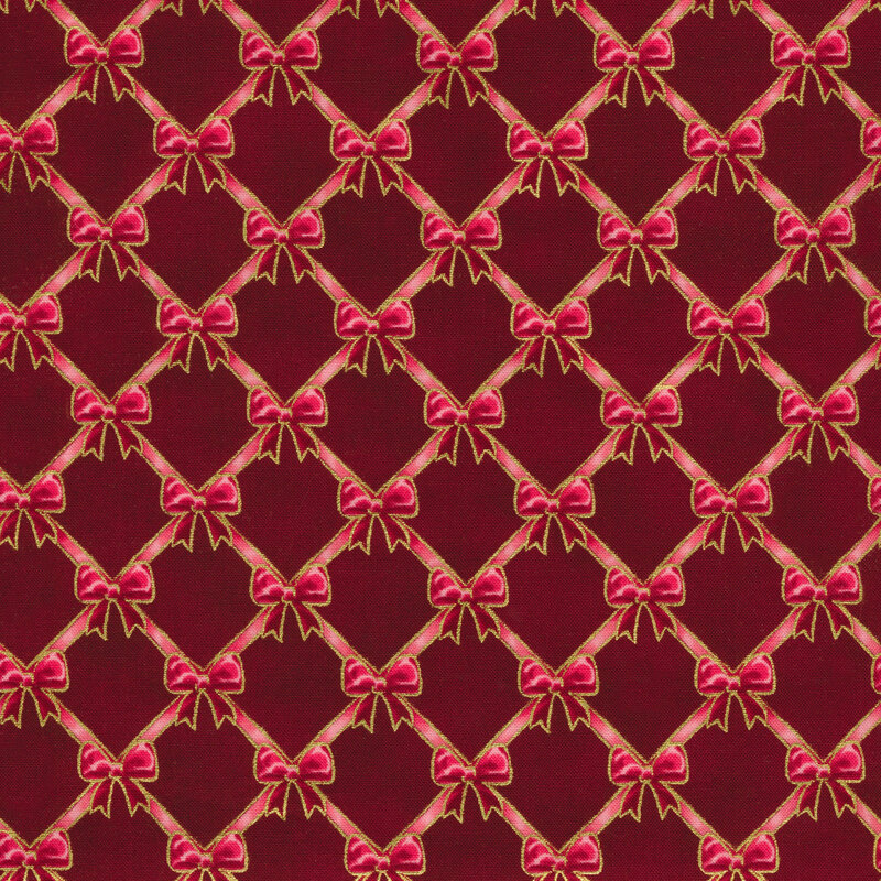 Red bows in a geometric pattern on a dark red background.