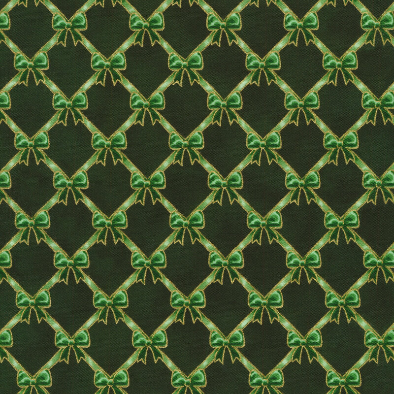 Green bows in a geometric pattern on a dark green background.