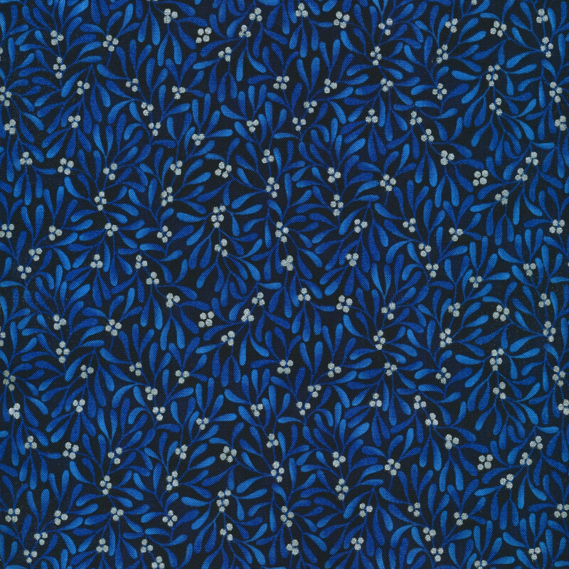 Blue mistletoe pattern on a black background.